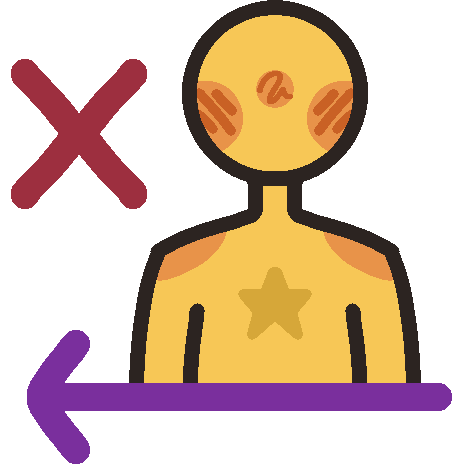 A nondescript yellow person with a star on their chest is positioned above a leftward-pointing purple arrow and a red X to the left of the person.